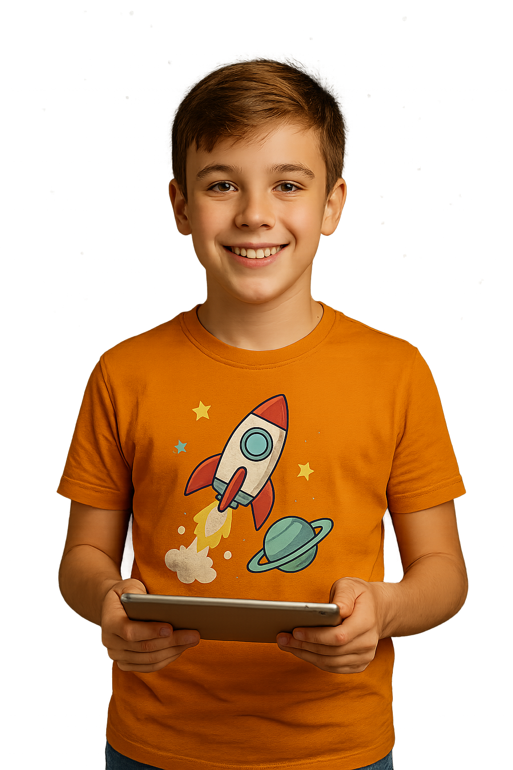 Smiling student using Sparkemarke on a tablet